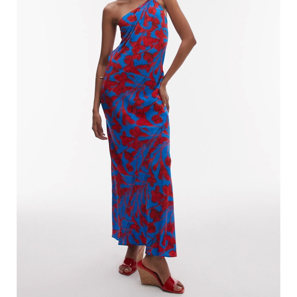 Topshop One-Shoulder Blue Dress with Red Floral Print